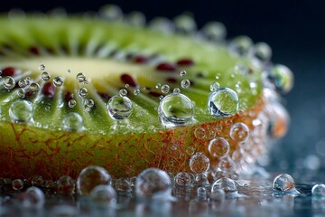 Poster - Fresh kiwi slice submerged in sparkling water creating captivating bubbles