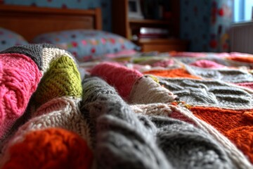 Poster - Cozy knitted blanket on a bed in a colorful bedroom during the afternoon light