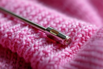 Aufkleber - Close-up view of a knitting needle resting on pink yarn during a crafting session in a cozy workspace
