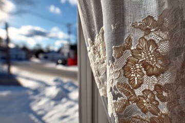 Poster - Sunlight filtering through lace curtains near a snowy street on a bright afternoon in winter