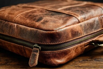 Poster - Leather laptop bag rests on a wooden surface showcasing intricate stitching and texture under soft lighting