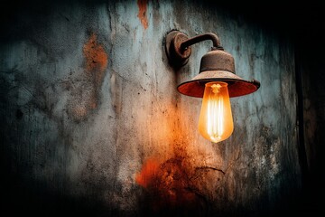 Aufkleber - Rustic wall lamp illuminating textured wall in an industrial setting at night