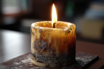 Aufkleber - Melted candle with flickering flame on wooden surface creating warm atmosphere in cozy indoor setting