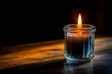 Poster - Candle burns brightly in a glass jar on a wooden table in a dimly lit room during the evening hours