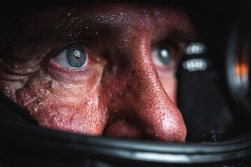 Poster - Close-up of an astronaut's face in a space helmet highlighting intense focus and anticipation during a mission