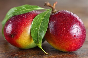 Poster - Fresh red and yellow mangoes with water droplets and green leaves on wooden surface