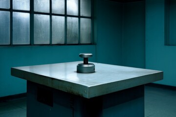 Aufkleber - Industrial room with a metallic press on a central table surrounded by dim blue walls and large windows