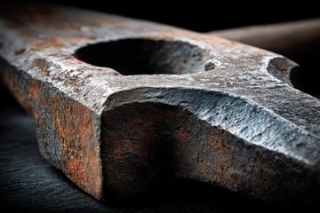 Poster - Close-up of an old, rusty hammer showcasing detailed texture and craftsmanship in dim light