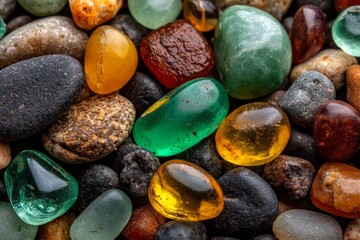 Poster - Colorful assortment of polished stones and sea glass found on a beach at sunset