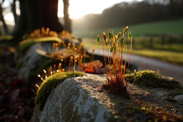 Poster - Morning sunlight illuminates moss and young plants growing on stones in a serene landscape