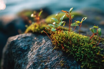 Poster - Vibrant green plants growing on a textured rock near the water during sunset