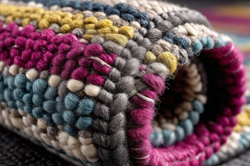Poster - Colorful handwoven rug showcased with intricate patterns and textures in a cozy indoor setting