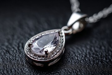 Poster - Elegant silver necklace with a pear-shaped gemstone resting on a textured surface