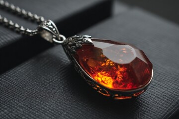 Poster - Elegant amber pendant handcrafted with intricate silver detailing displayed on a dark textured surface