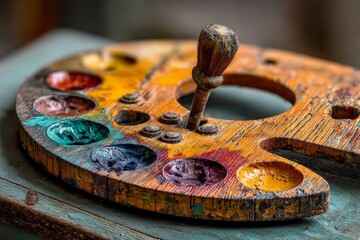 Poster - Colorful vintage artist palette with paint smudges and a wooden support on a worn table