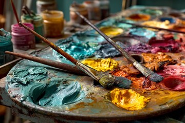 Poster - Vibrant artist palette full of colorful paints and brushes in a creative workspace