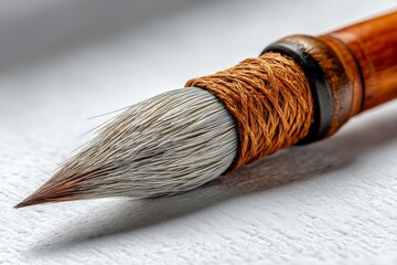 Poster - Detailed close-up of a traditional paintbrush with a soft tip resting on textured paper during an art creation process