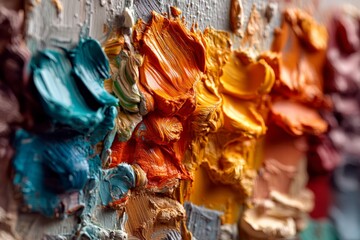 Poster - Colorful texture of oil paints on a palette showcasing various shades during an artistic creation process
