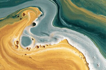 Poster - Colorful abstract swirl of gold and teal paint in a dynamic composition on a textured surface