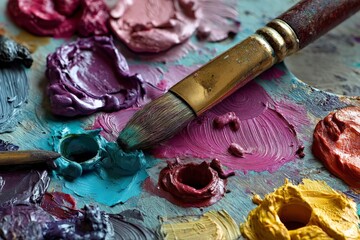 Poster - Brightly colored paint palette with brushes set for artistic creation indoors