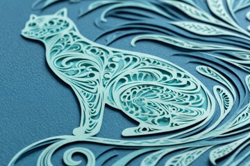 Poster - Intricate paper-cut design of a cat surrounded by flowing patterns on a blue background