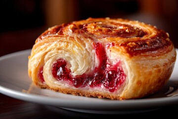 Poster - Freshly baked pastry with raspberry filling served on a white plate at a cozy bakery during the morning hours