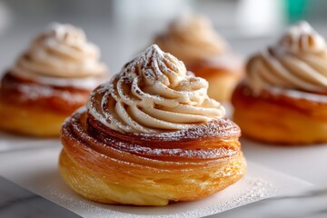 Aufkleber - Delicious pastry with creamy topping presented on a marble countertop in a bright, inviting café setting