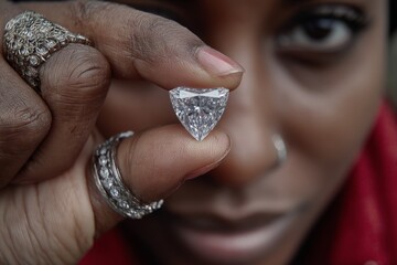 Poster - Close-up of a woman holding a large diamond with intricate rings and piercing gaze in a vibrant setting