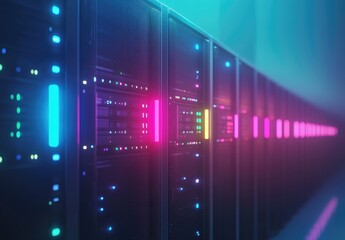 Fototapete - Vibrant neon-lit server racks extending into the distance with cyan, pink, and yellow lights in a futuristic corridor. Perfect for cloud tech, AI, and cyber infrastructure