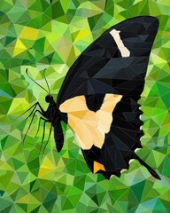 Poster - Black and Gold Butterfly on Green Foliage in Low Poly Style Geometric