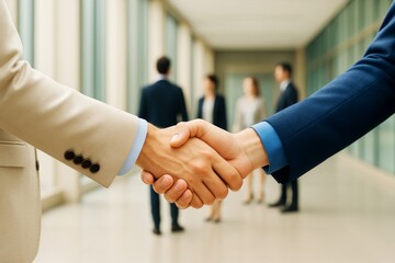 Poster - Business handshake between two professionals in formal suits with blurred colleagues in background inside modern bright office corridor.