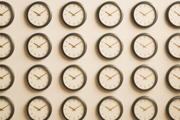Poster - Repeating pattern of minimalist wall clocks with golden hands on light background symbolizing time, business routine, and abstract organization.