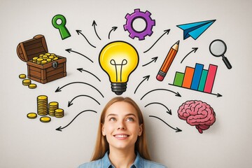 Poster - Woman smiling under light bulb with creative business icons like brain, money, charts, pencil and gears on light background conceptually arranged.