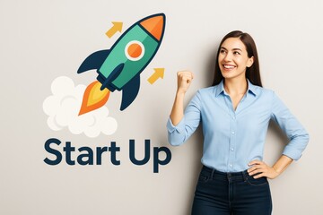 Poster - Confident woman celebrating startup success with rocket icon on light background, symbolizing entrepreneurship and innovation concept.