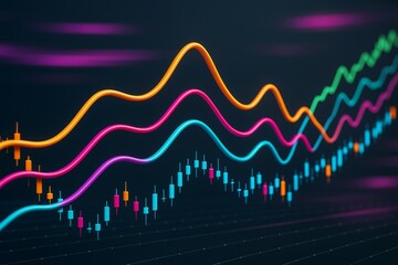 Poster - Colorful abstract financial chart with glowing trend lines and candlestick graph elements on dark background for business analytics concept.