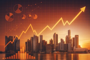 Poster - Business growth concept with city skyline, financial charts, and rising arrow on glowing orange background at sunset light atmosphere.
