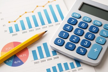 Poster - Financial analysis concept with calculator, pencil, and colorful business charts on a light background illustrating data growth and trends.