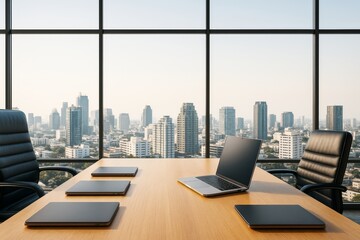 Poster - Modern business meeting room with laptops on wooden table and panoramic city skyline background in bright light office interior. Ai generative.