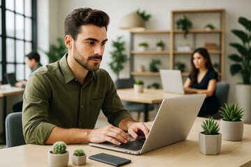 Poster - Focused man working on laptop in modern office with plants and coworkers in background, light workspace atmosphere, business concept.