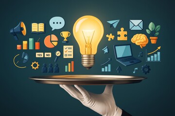 Poster - Creative business concept with glowing light bulb and icons representing innovation, strategy, and growth on dark background.