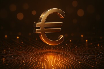 Aufkleber - Golden euro currency symbol floating above glowing circuit background in dark digital environment, symbolizing finance and technology connection.