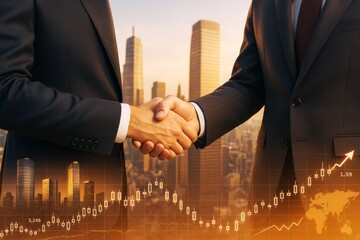Poster - Business handshake between two professionals with financial growth chart overlay on city background in warm light, symbolizing success and partnership.