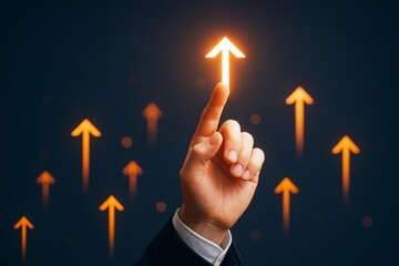 Poster - Businessman hand touching glowing arrow pointing upward with multiple arrows in background symbolizing growth and success concept.