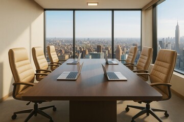 Poster - Modern business conference room with laptops and leather chairs overlooking city skyline in daylight through large windows. Ai generative.