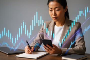 Poster - Businesswoman analyzing stock market data with smartphone and taking notes on light background with financial graph concept overlay.