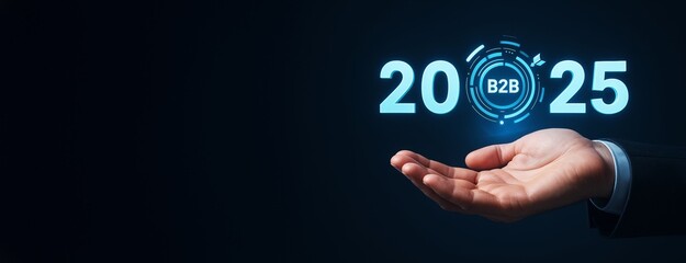 Poster - Businessman hand holding glowing futuristic B2B 2025 digital interface with copy space on dark background.