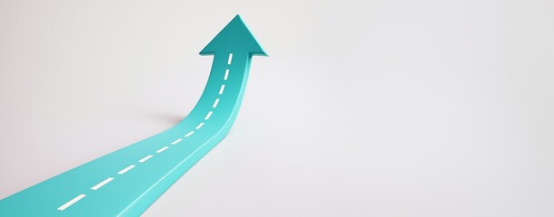 Poster - Upward arrow-shaped road on white background symbolizing business growth and progress with space for copy or promotional design template.