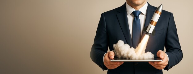 Poster - Businessman holding tablet with launching rocket symbolizing startup success on light background, ideal for business promotion and advertising concepts.