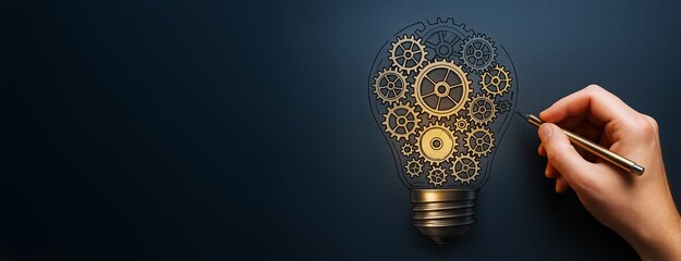 Poster - Innovative concept of mechanical lightbulb with golden gears being drawn by hand on dark clean background for creative business design template.