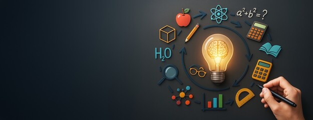Poster - Creative education concept with glowing lightbulb and school icons on black background with hand drawing, ideal for business banner or poster template.
